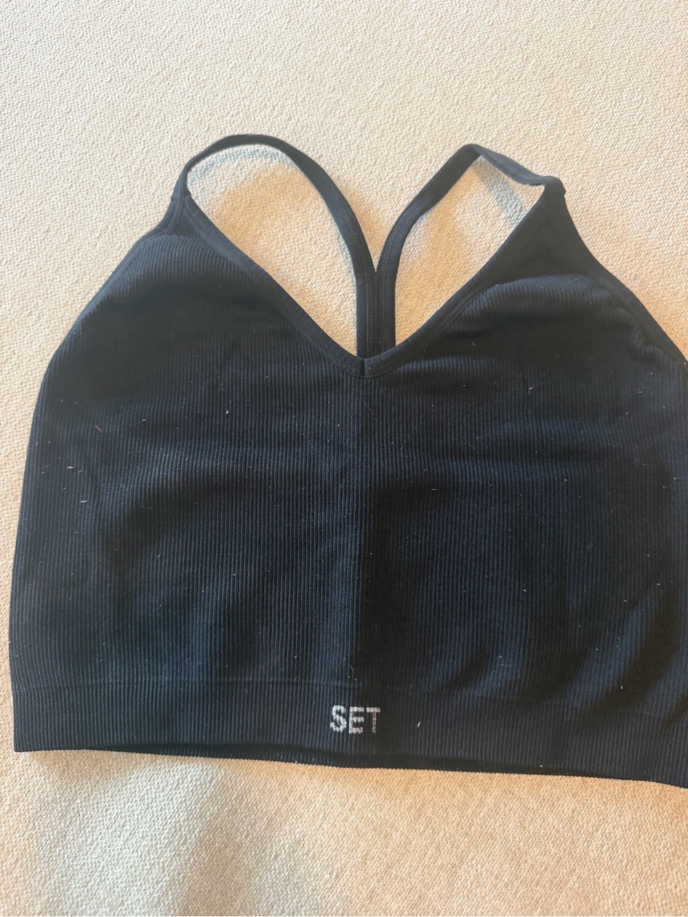 SET Active Black Ribbed V‑Neck Seamless Crop Bralette
